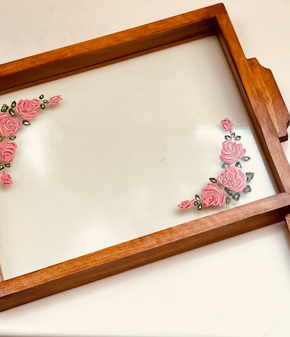 Handmade Wood Pink Flower Glass Tray