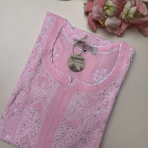 Chikankari Cotton Mukesh Work Pink Kurti