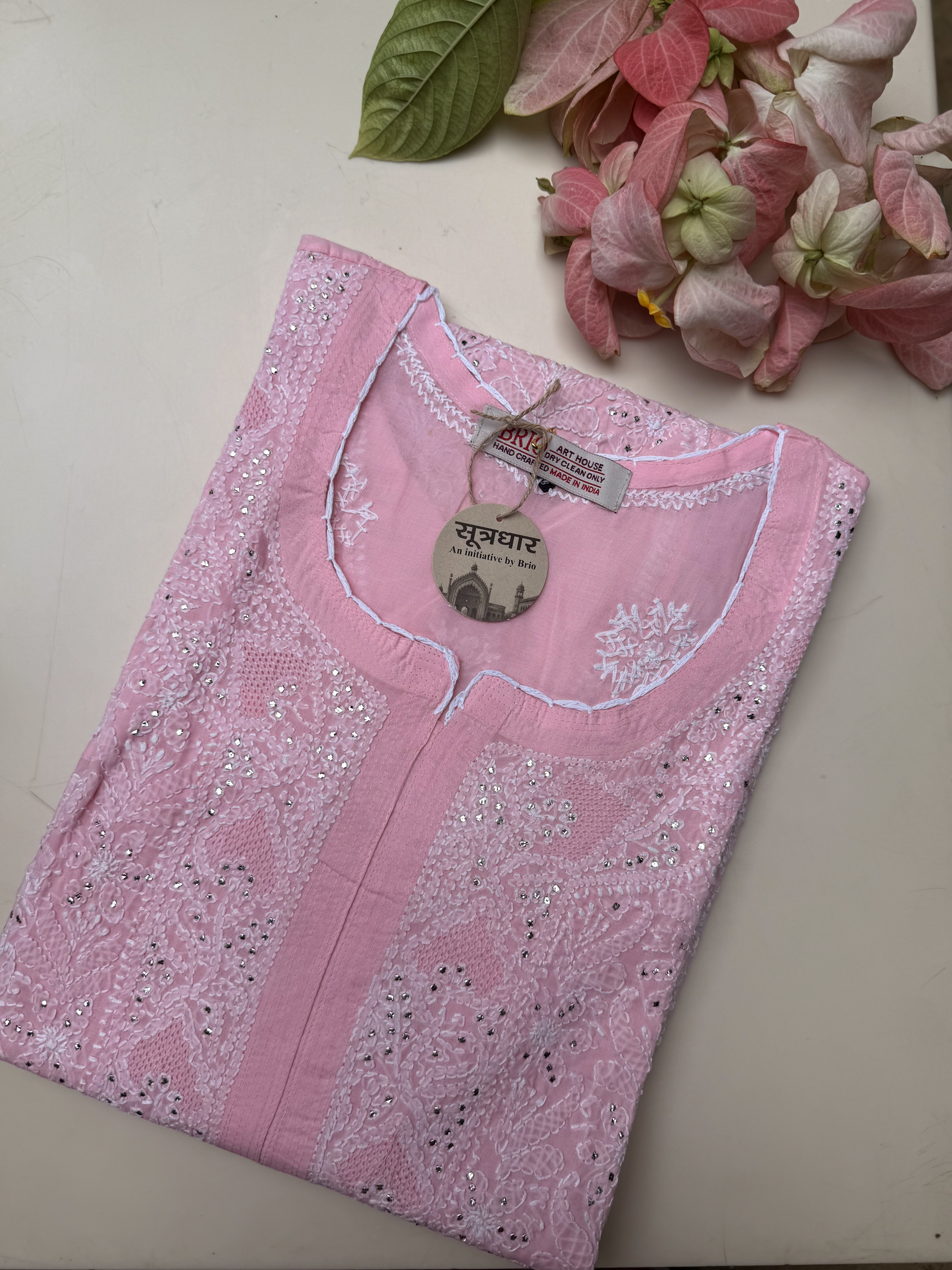 Chikankari Cotton Mukesh Work Pink Kurti