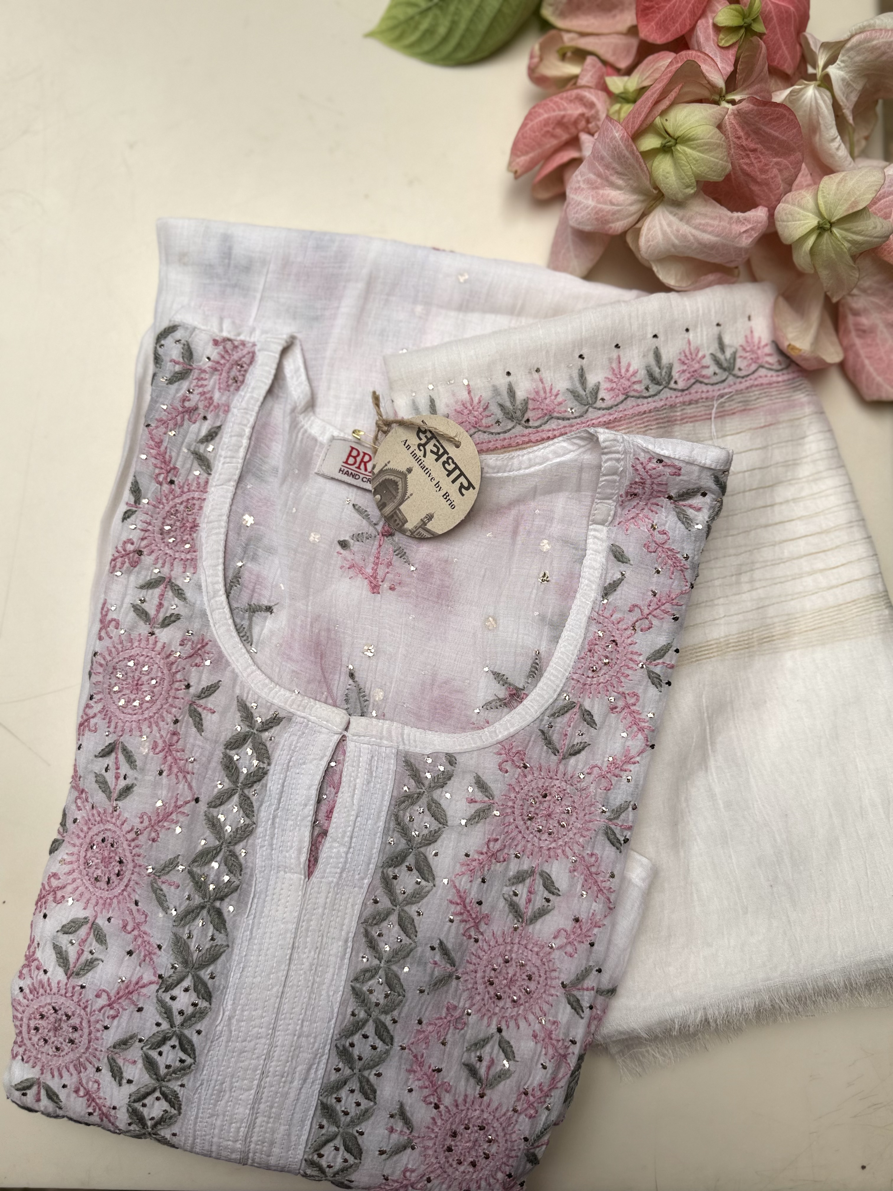 Chikankari Mul Mukesh Work Anarkali Kurti With Stole