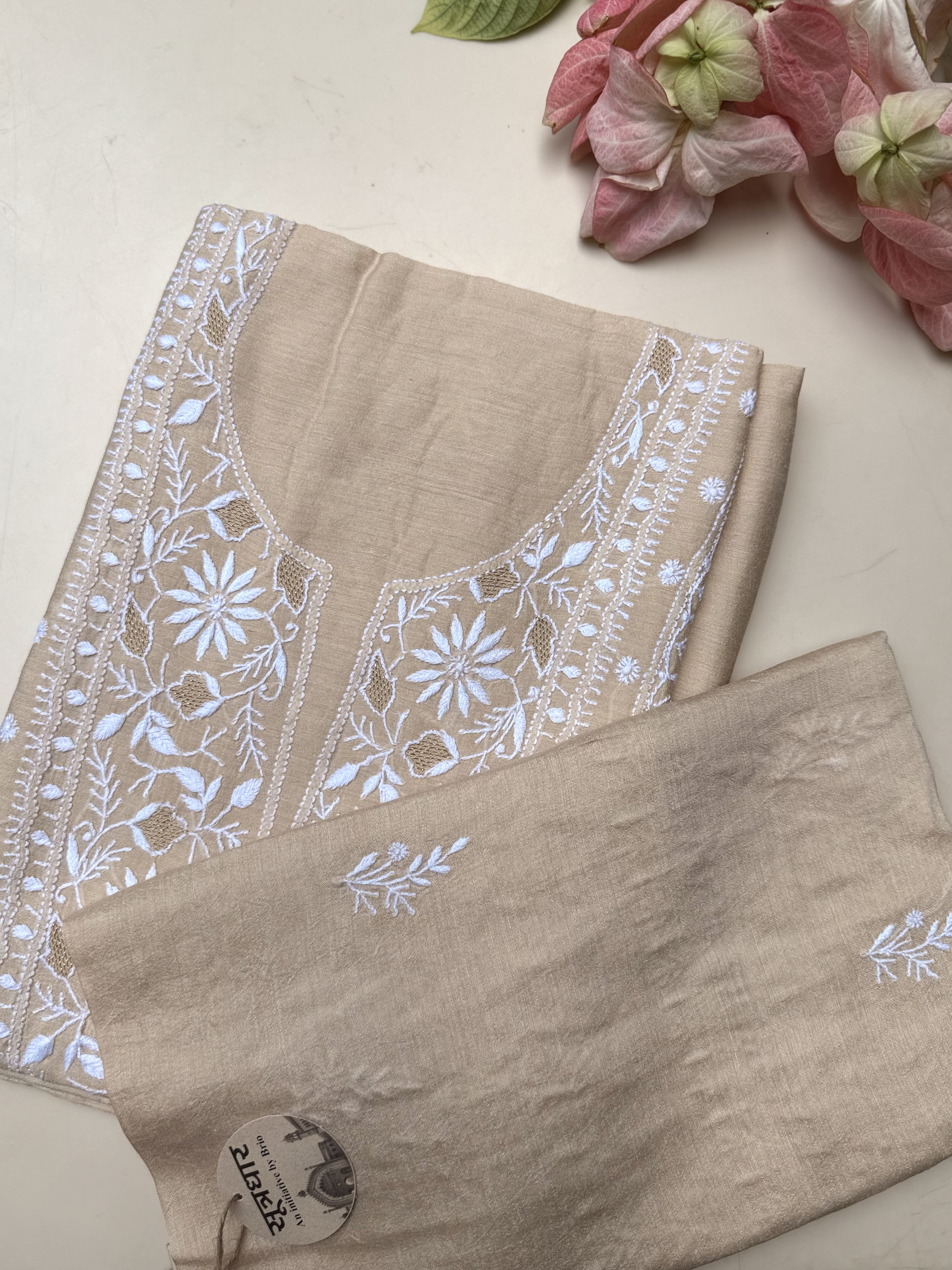Chikankari Muga Silk Suit Jali Work With Stole