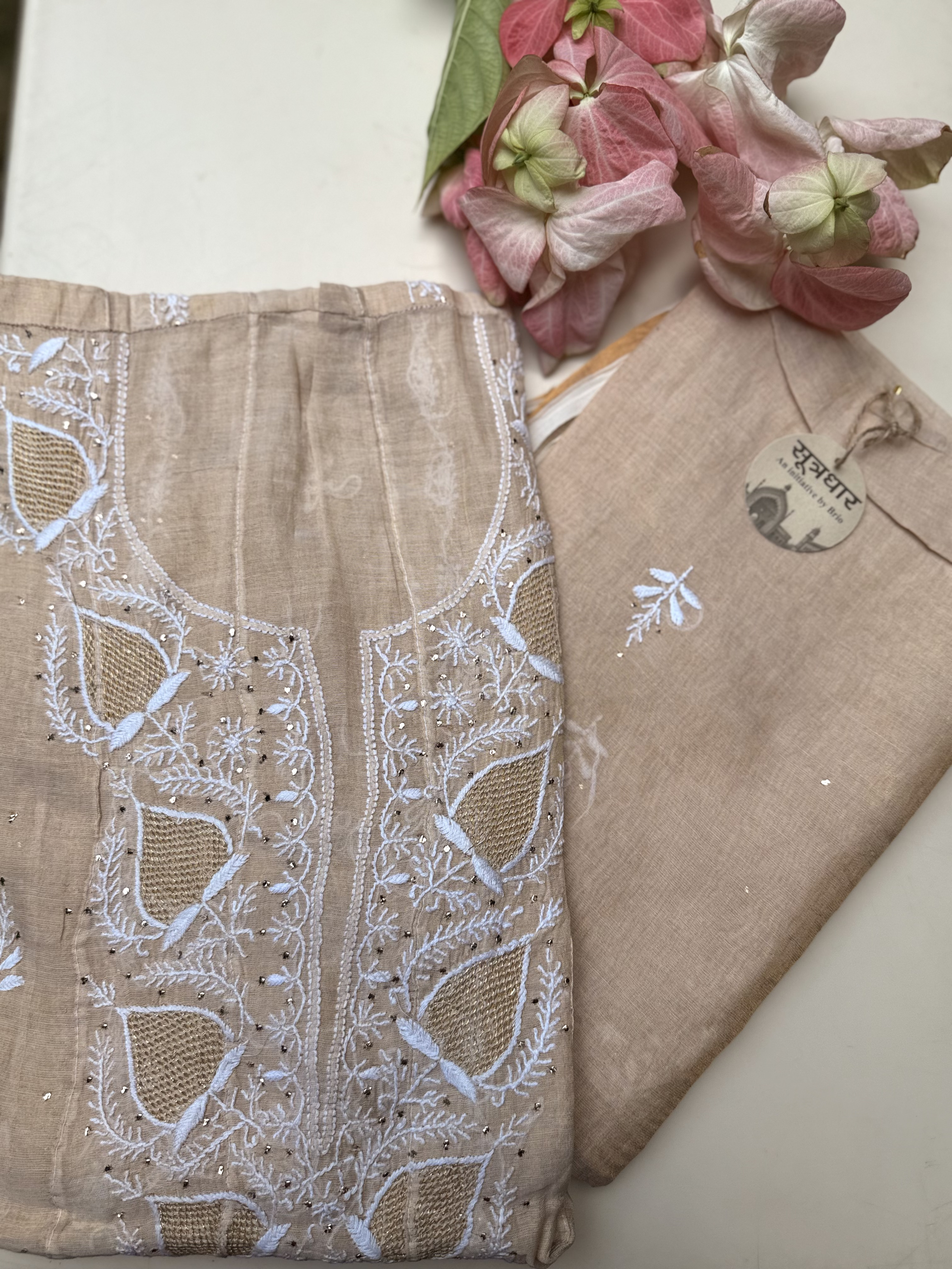 Chikankari Tussar Anarkali Jali And Mukesh Work With Stole