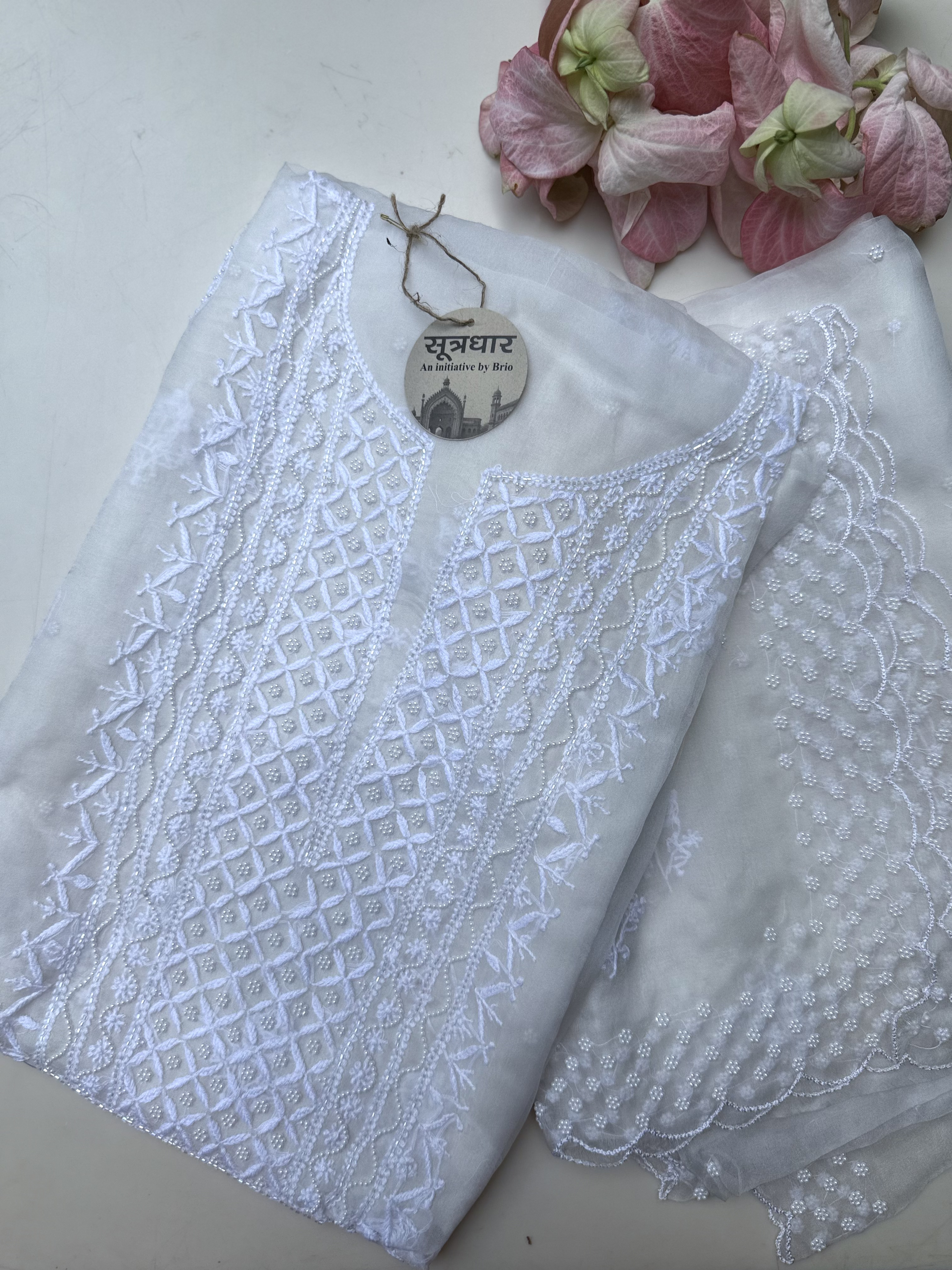 Chikankari Organza Pearl Work Suit With Stole