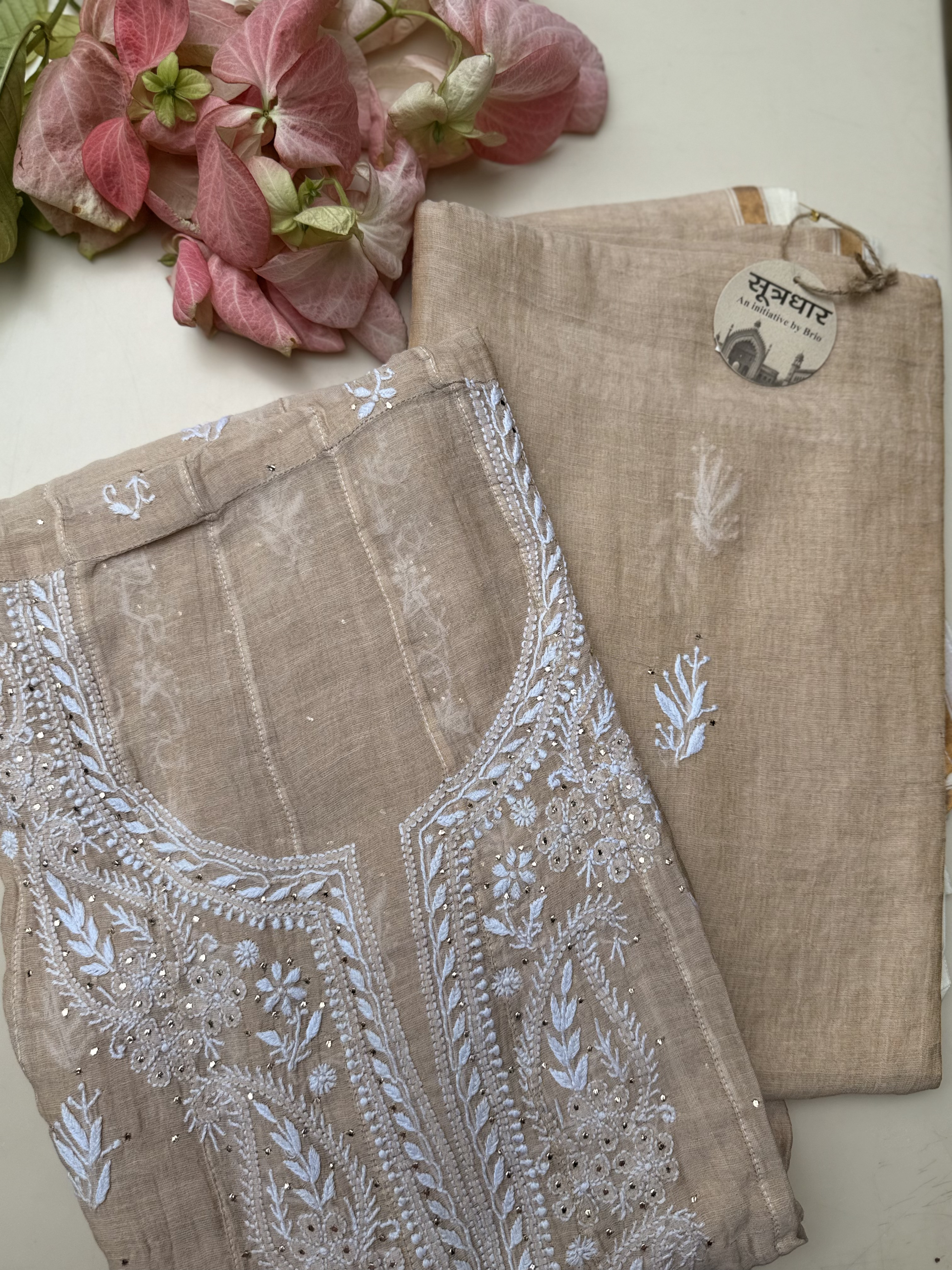 Chikankari Tussar Anarkali Jali Mukesh Work With Stole