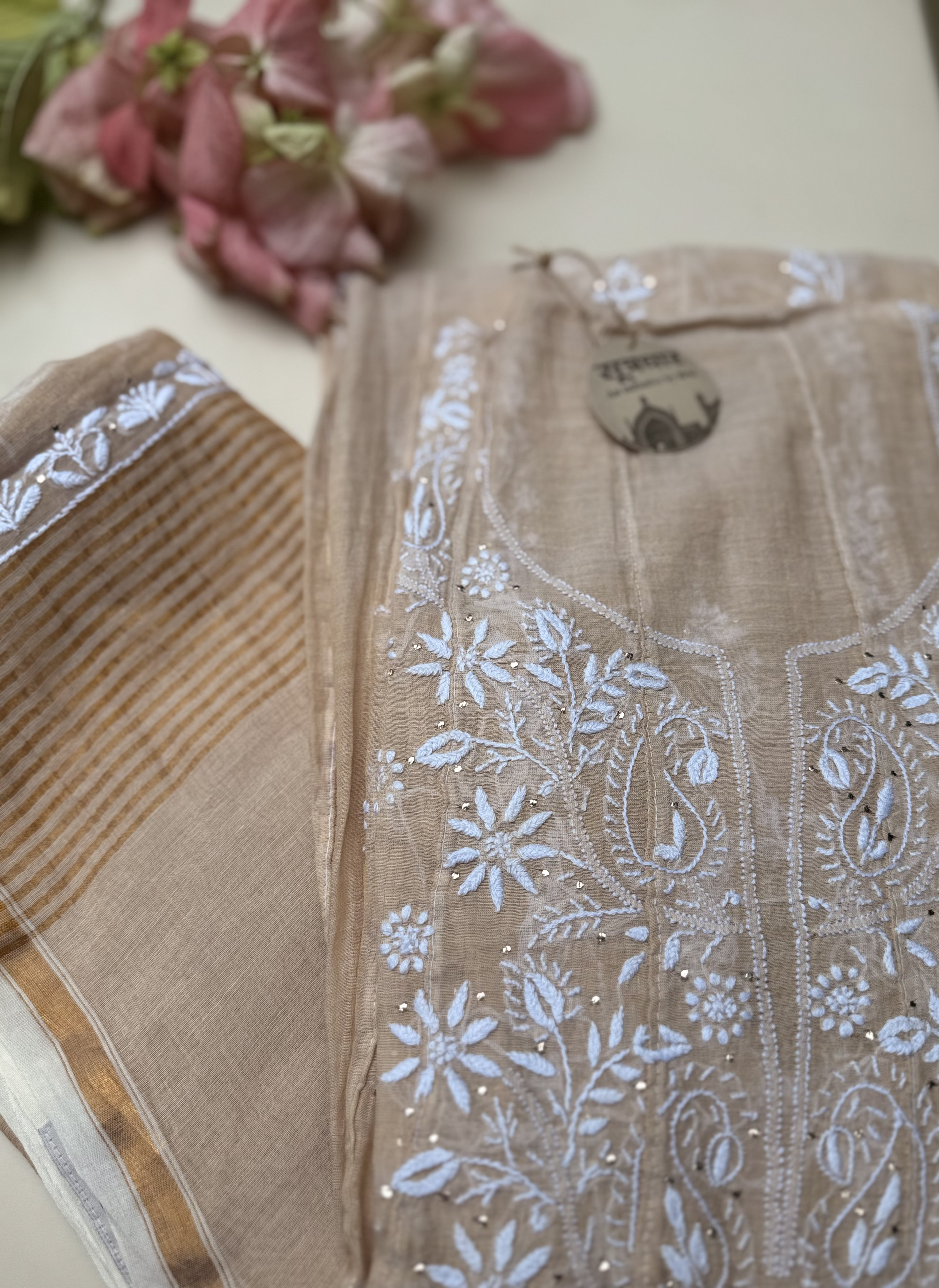 Chikankari Tussar Anarkali Jaali Mukesh Work With Stole