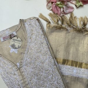 Chikankari Semi Stitched Tussar Kurta Golden With Stole