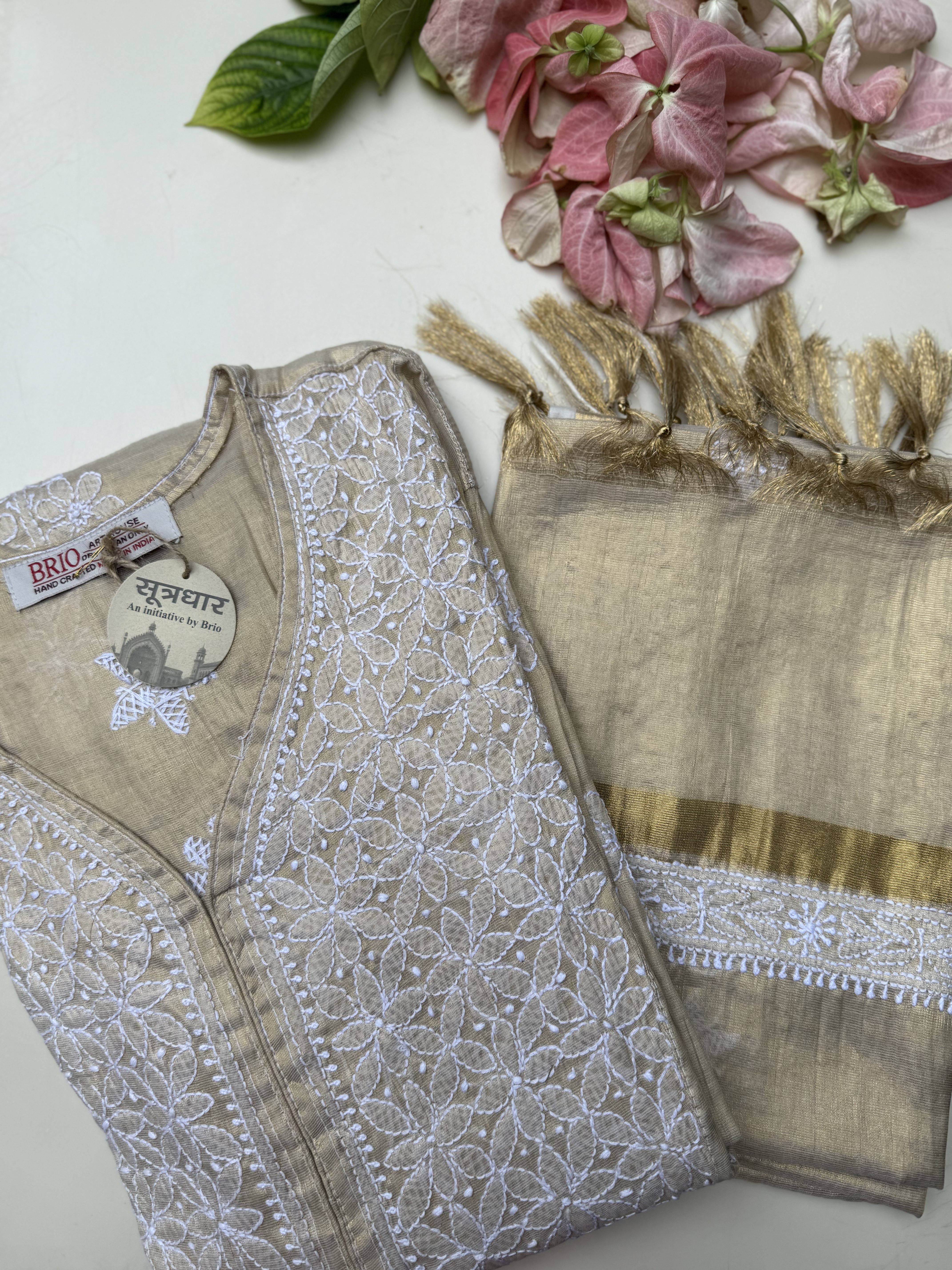 Chikankari Semi Stitched Tussar Kurta Golden With Stole