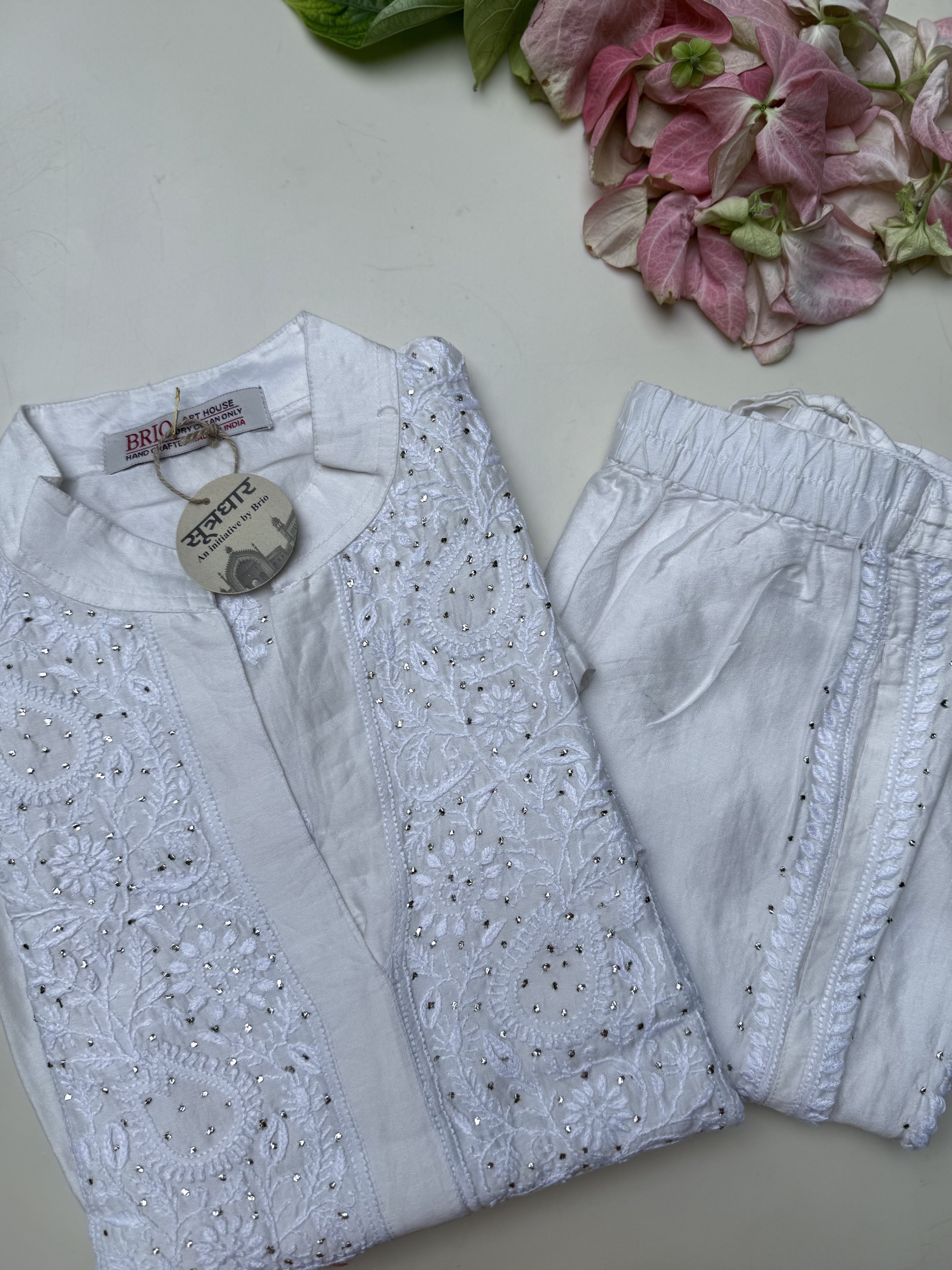 Chikankari Cot Set Mukesh Work Kurta (Semi-Stitched)