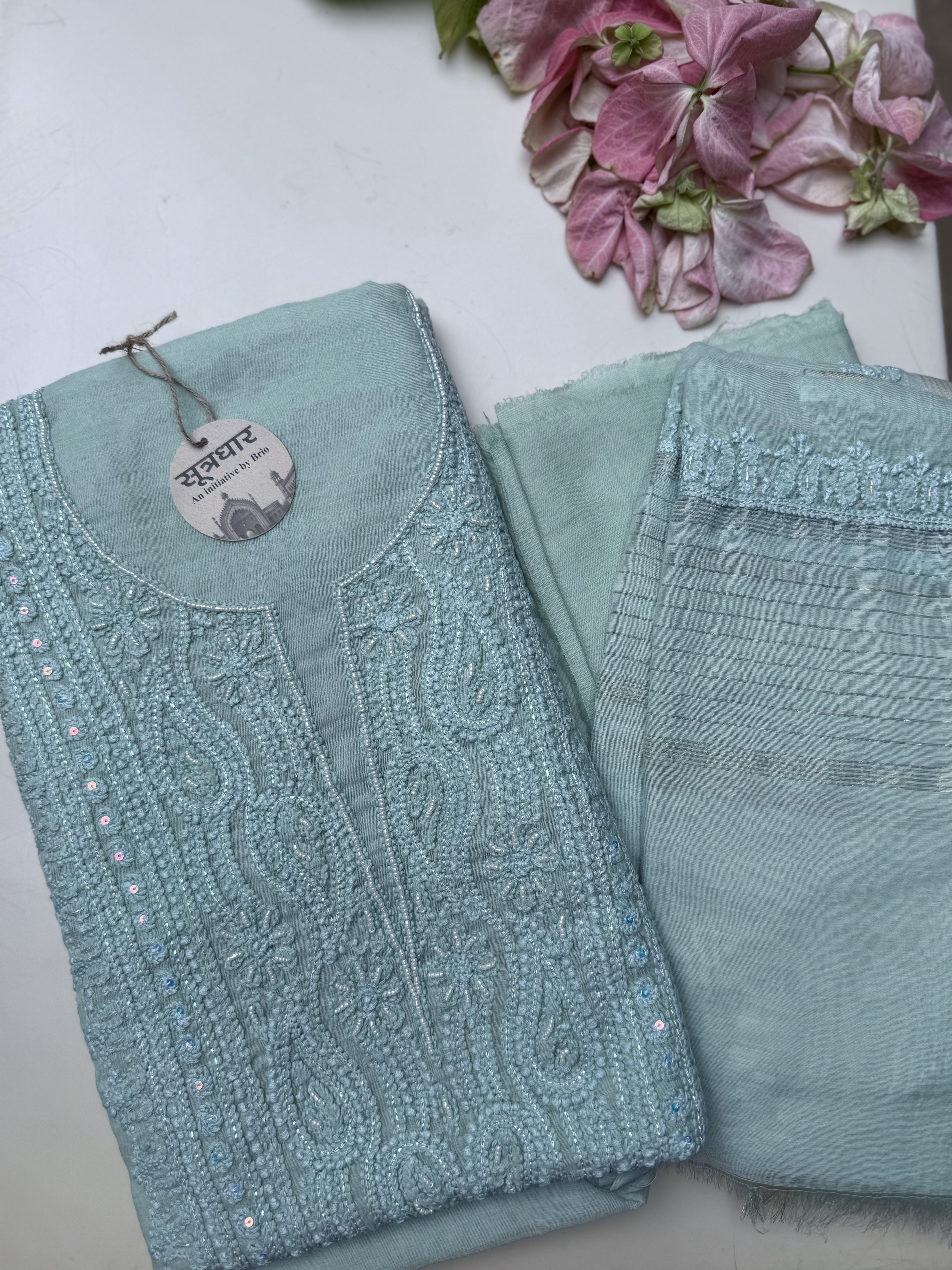 Chikankari Unstitched Chanderi Moti Work