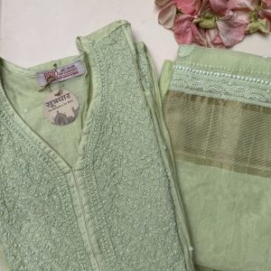 Chikankari Semi Stitched Anarkali Kurta Moti Work (3Pcs) Suit