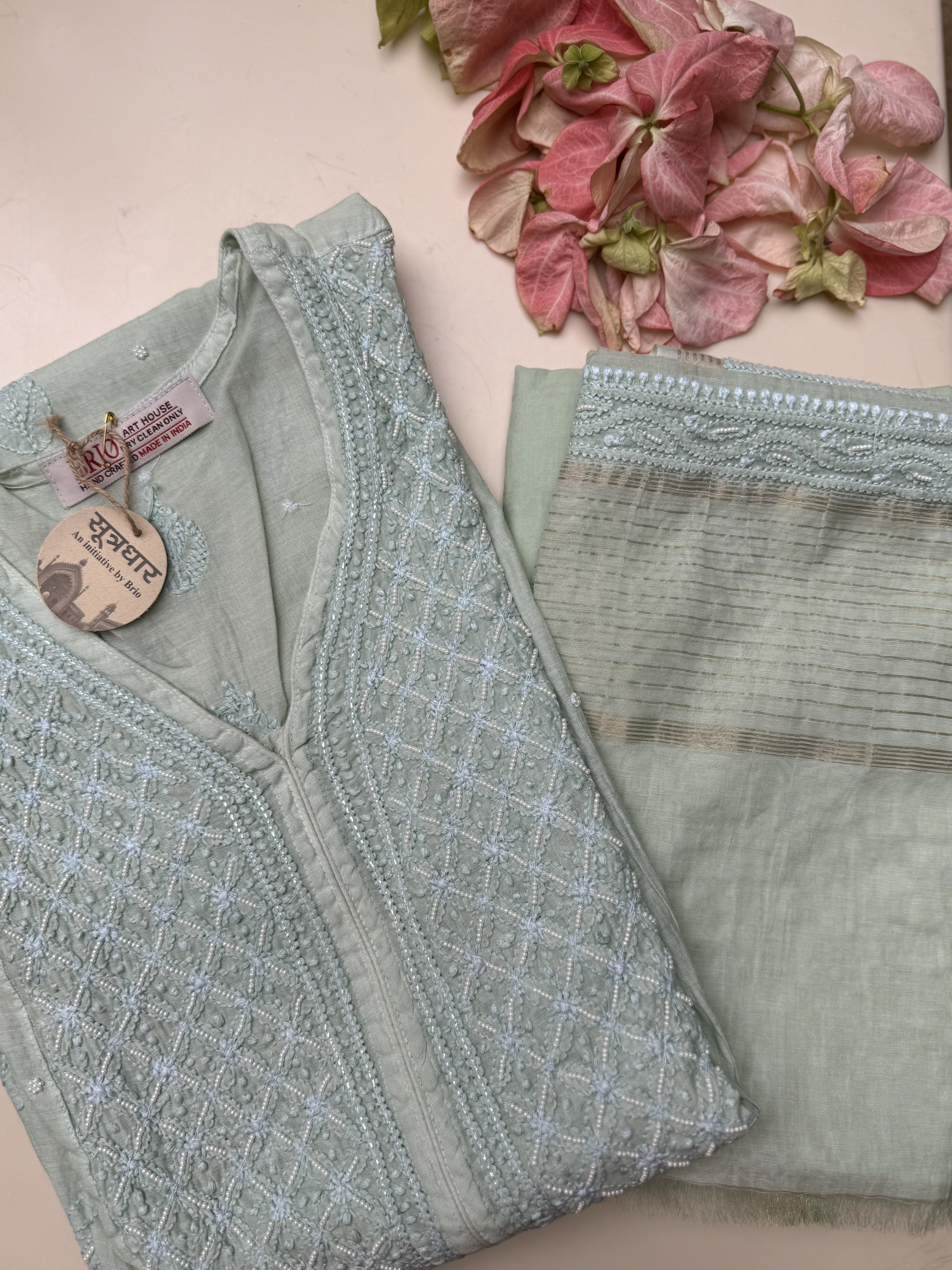 Chikankari Semi Stitched Anarkali Kurta Moti Work (3Pcs) Suit