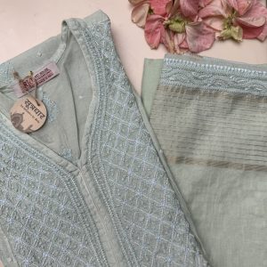 Chikankari Semi Stitched Anarkali Kurti Moti Work (3Pcs Suit)