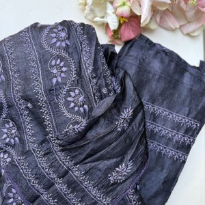 Tussar Silk Anarkali Chanderi Semi Stitched With Stole and Full Sleeves