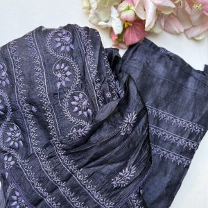 Tussar Silk Anarkali Chanderi Semi-Stitched With Stole And Full Sleeves