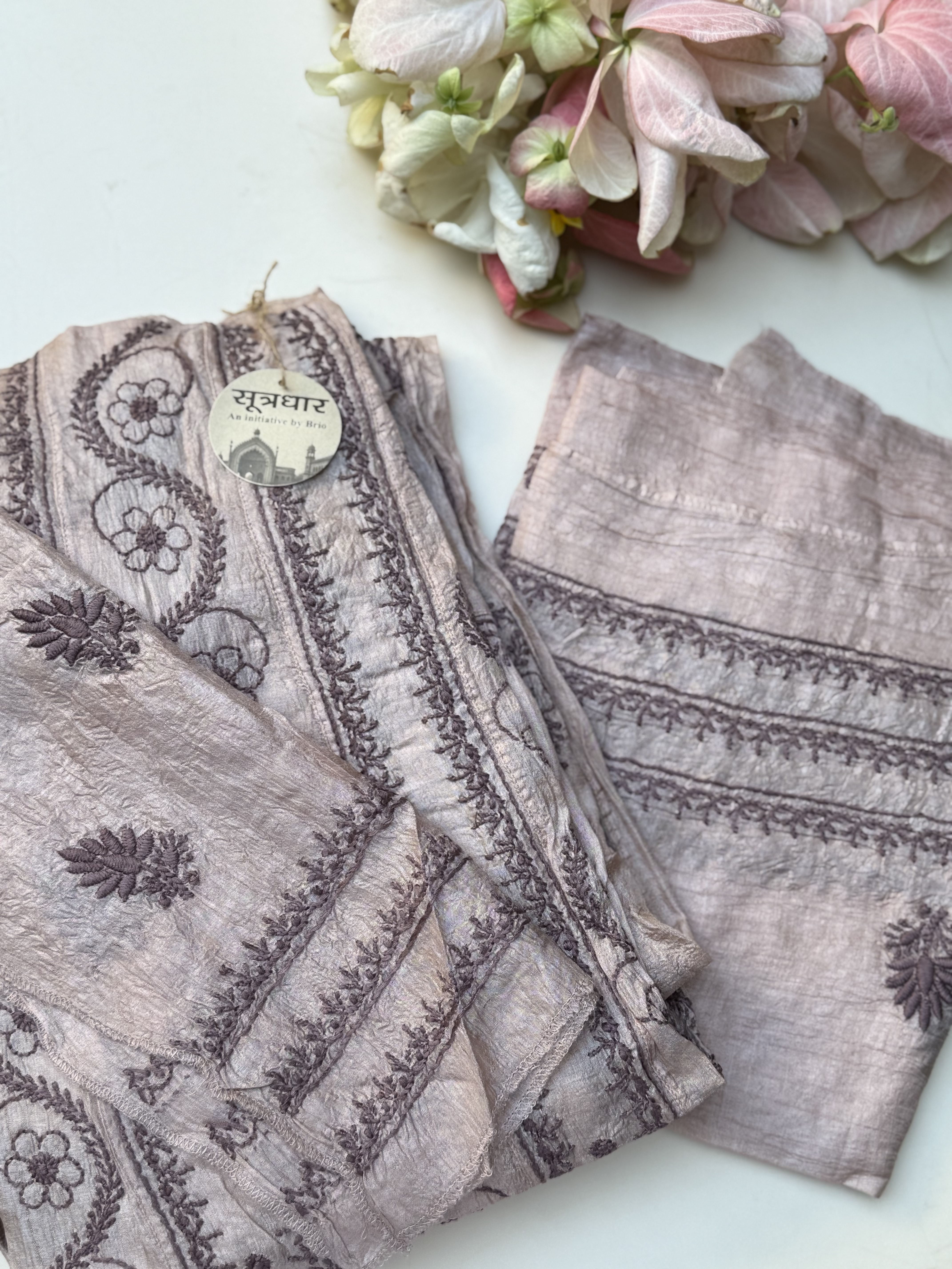 Tussar Silk Anarkali Chanderi Semi-Stitched With Stole and Full Sleeves