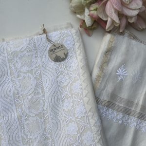 Chanderi Cotton Mul Handmade Jali Unstitched Kurta With Stole Daraz Work