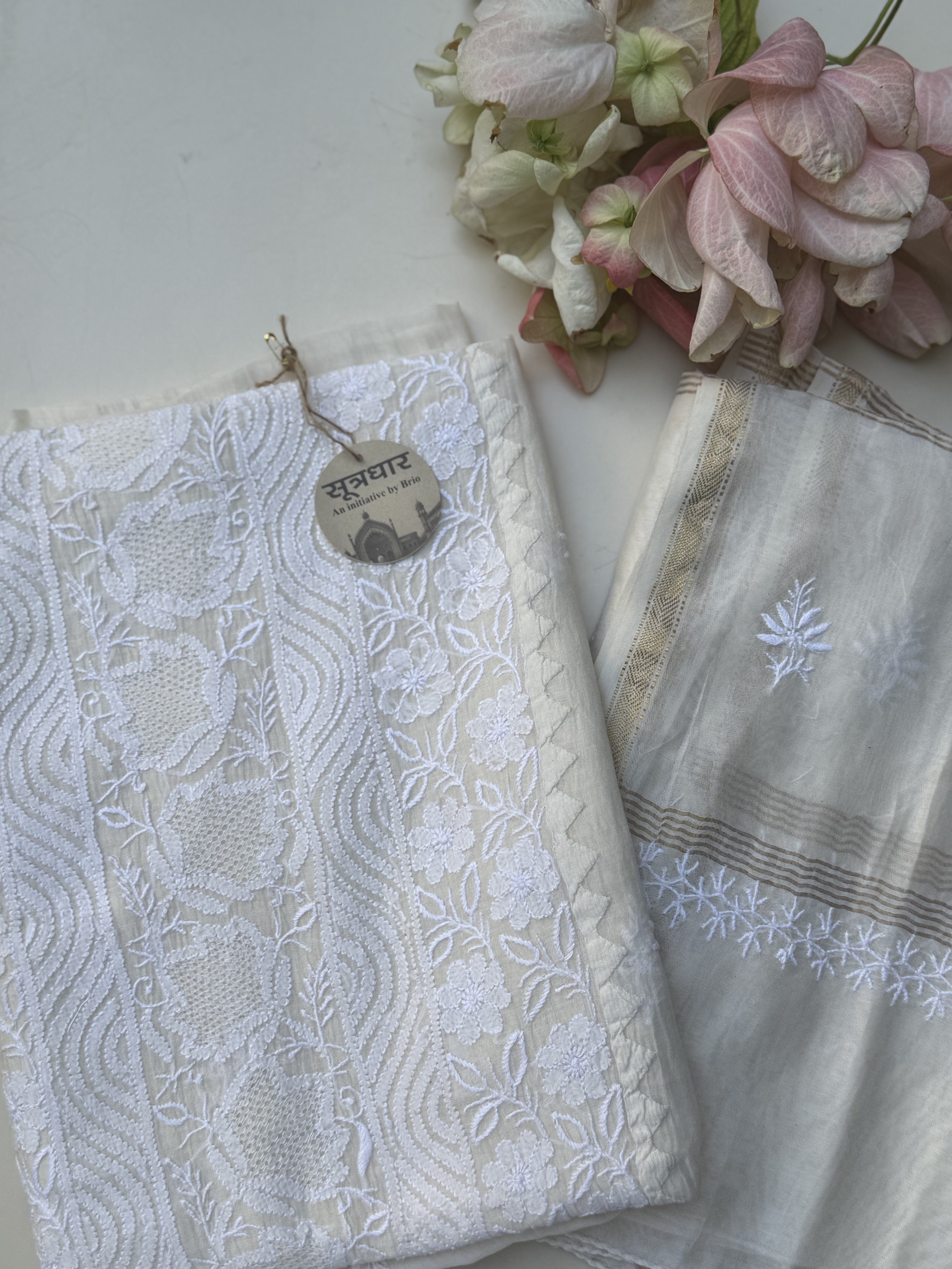 Chanderi Cotton Mul Handmade Jali Unstitched Kurta With Stole Daraz Work