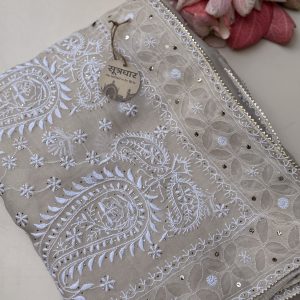 pure organza mukesh chikankari saree handmade