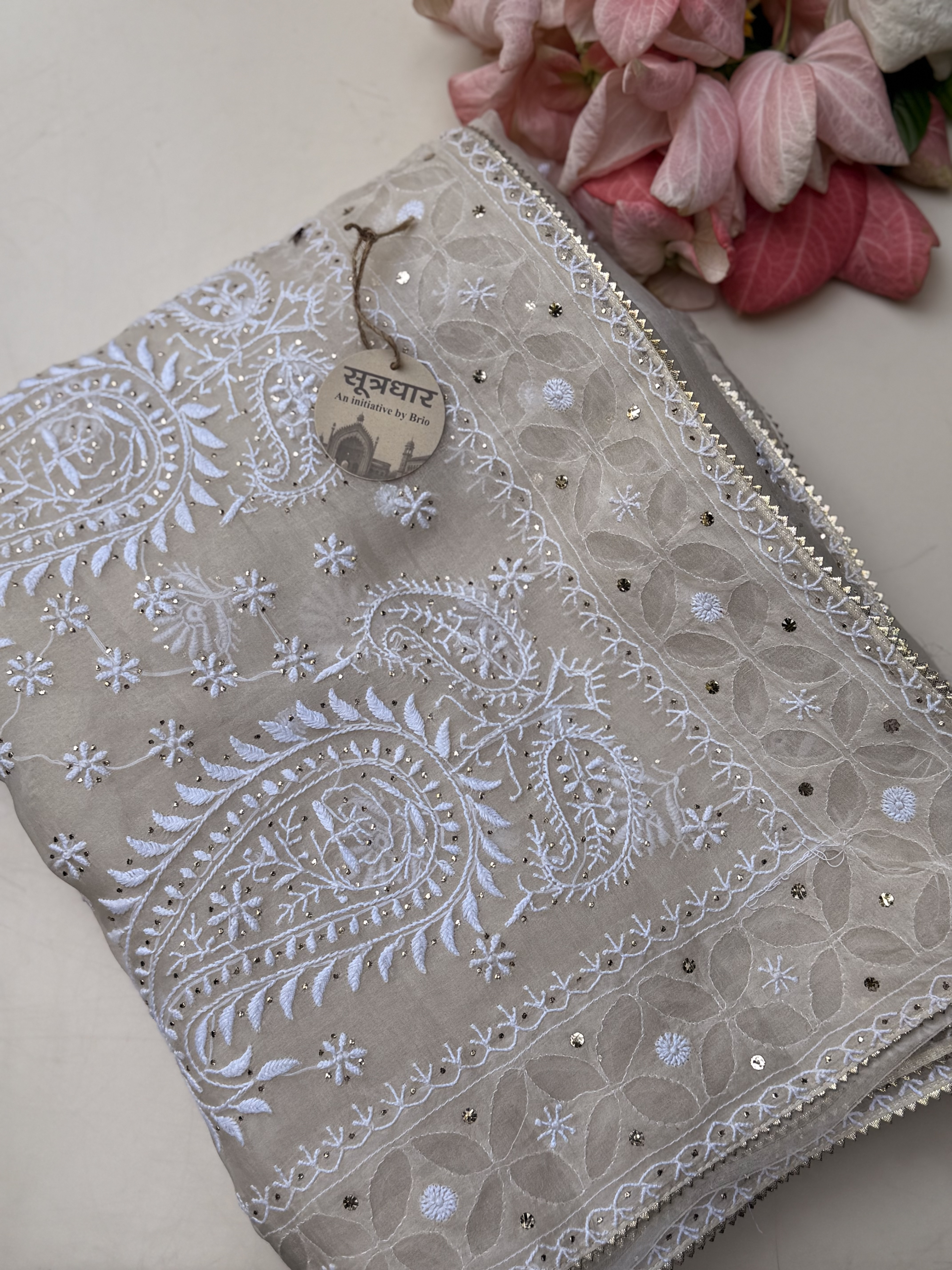 pure organza mukesh chikankari saree handmade