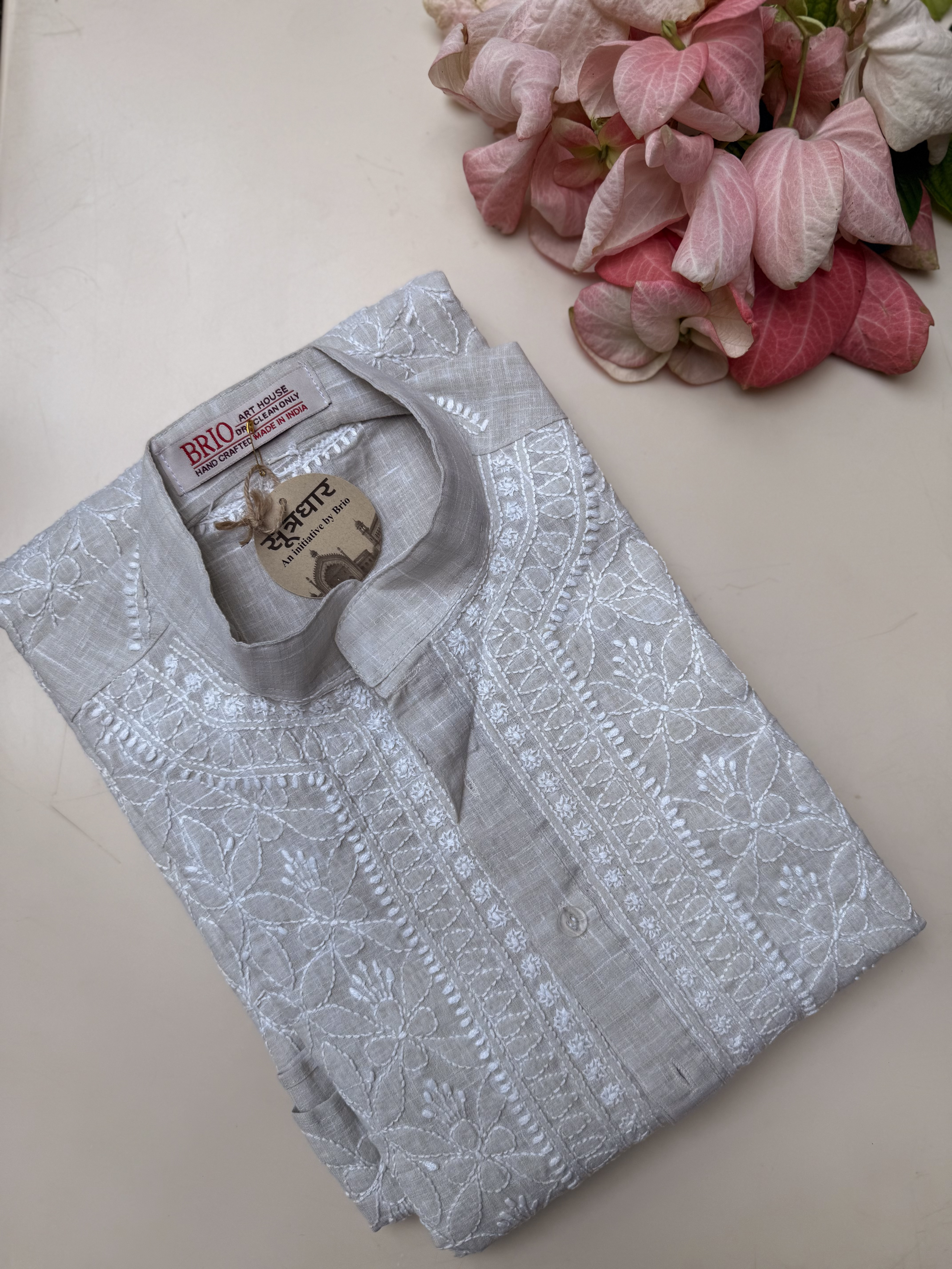 linen gents kurta with bakhhiya phanda work