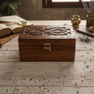 Handcrafted Sheesham wooden jewelry box with carved design and metal clasp