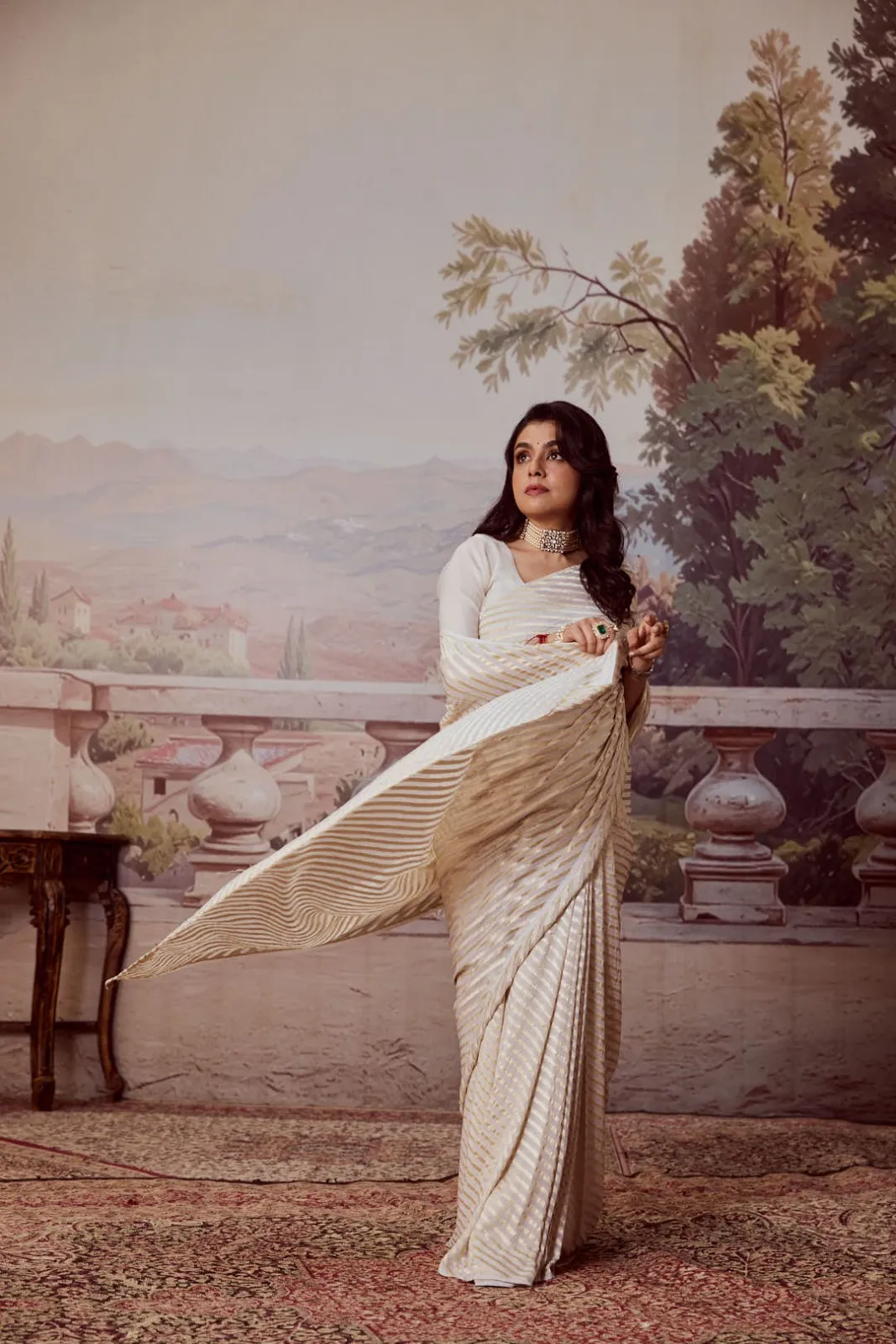 Timeless Cream Banarasi Khadi Lehriya Saree