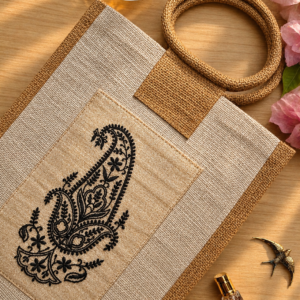 Handmade Chikankari Jute Bag by Brio Art House.