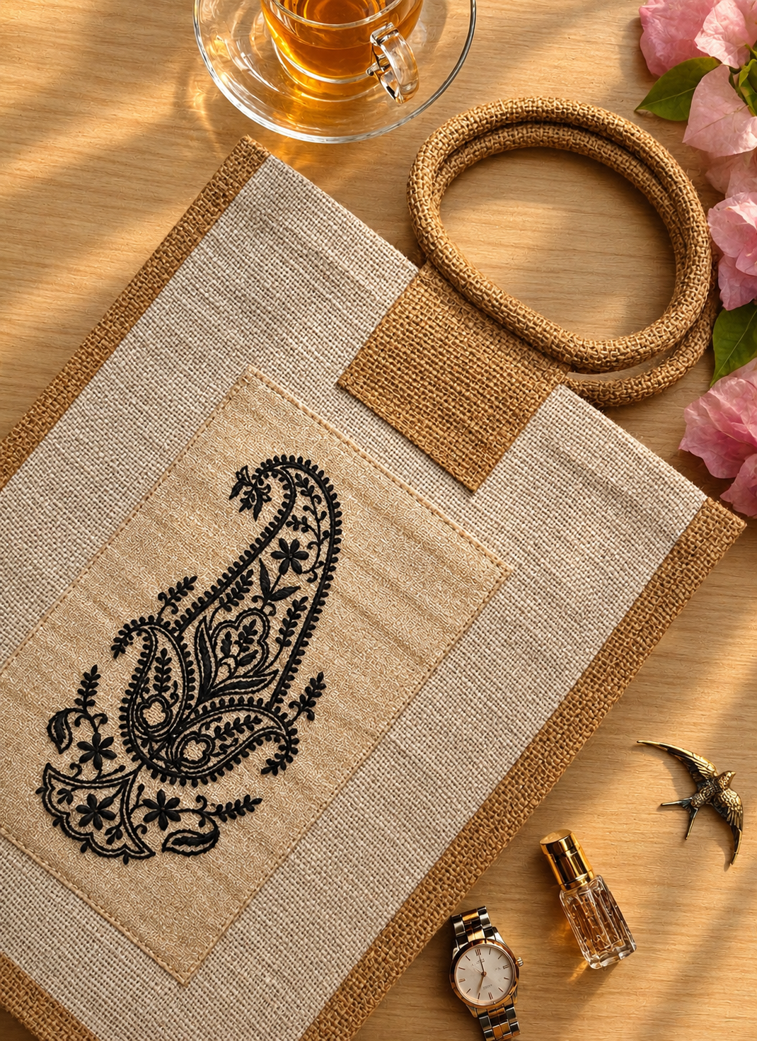 Handmade Chikankari Jute Bag by Brio Art House.