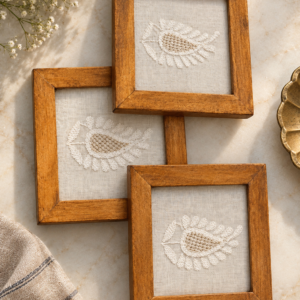 Handmade Wood Chikankari Glass Coaster by Brio Art House.