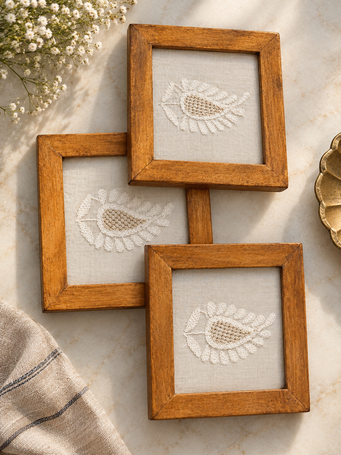 Handmade Wood Chikankari Glass Coaster by Brio Art House.