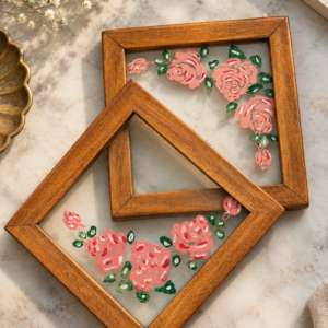 Handmade Wood Pink Flower Glass Coaster by Brio Art House.