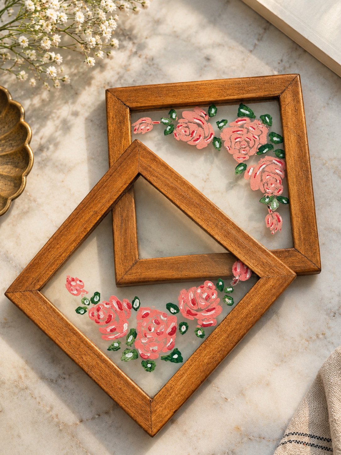 Handmade Wood Pink Flower Glass Coaster by Brio Art House.