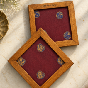 Handmade Wooden Old Red Sari Coaster by Brio Art House.