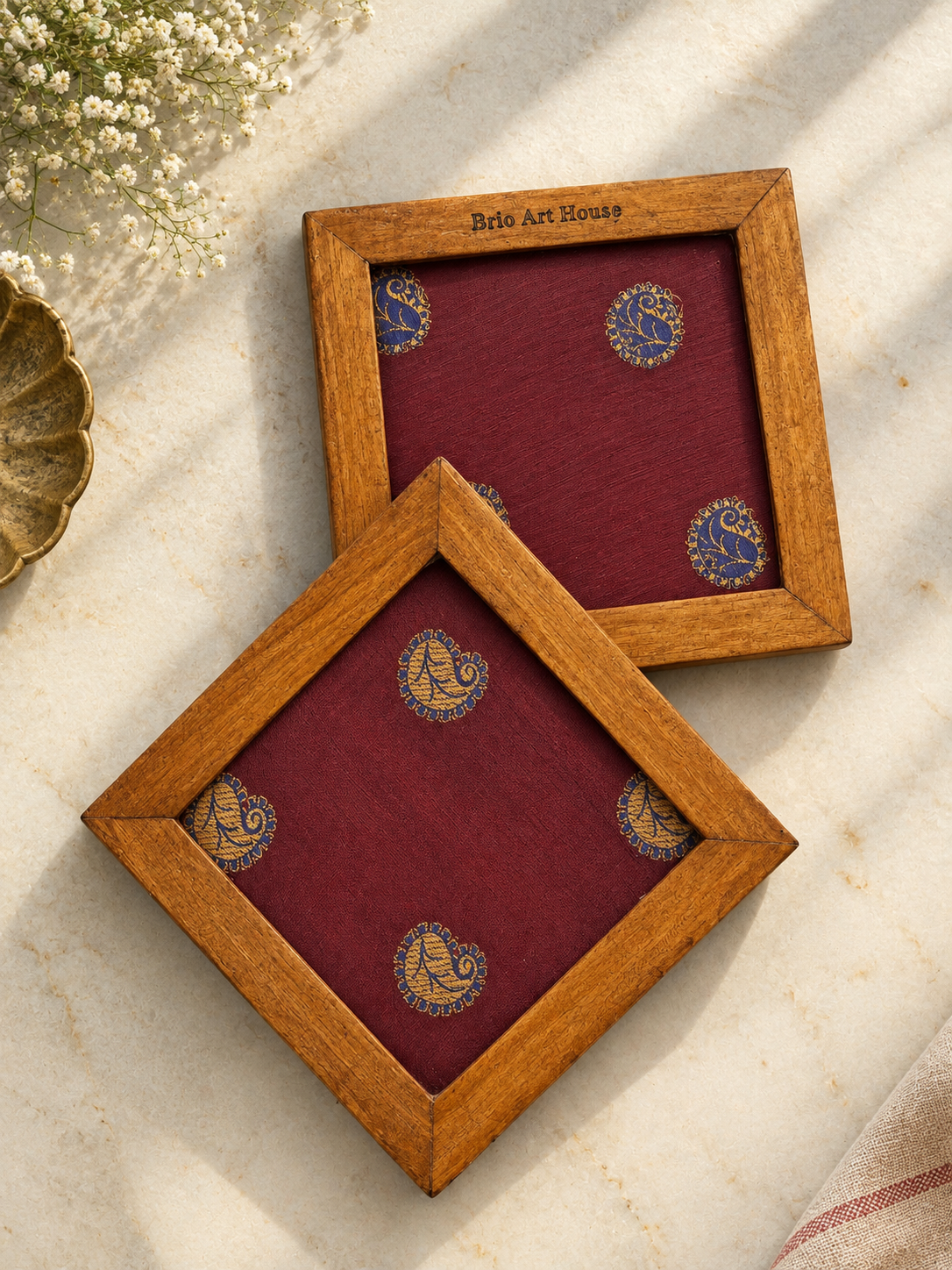 Handmade Wooden Old Red Sari Coaster by Brio Art House.