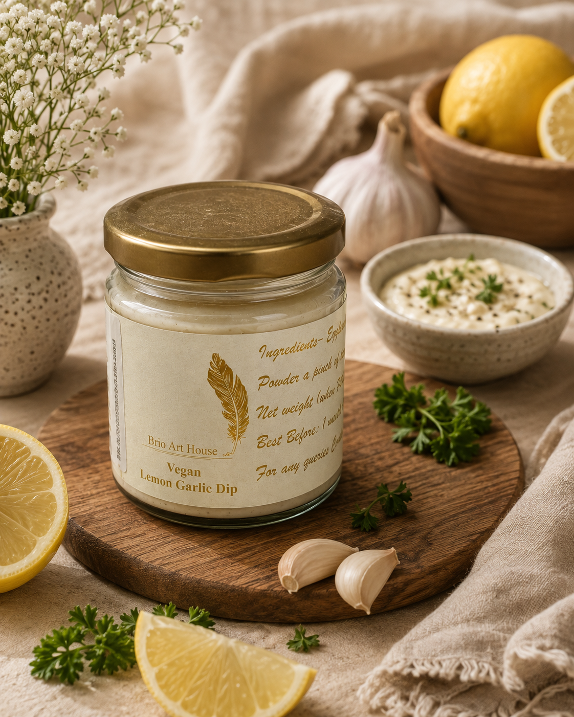 Handmade Lemon Garlic Dip by Brio Art House – Organic & Fresh.